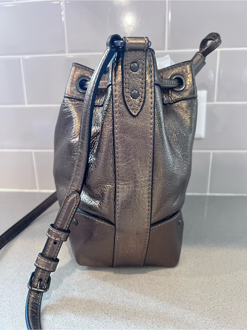 Coach Metallic Bronze Leather Drawstring Crossbody Bag F35363 BABY MICKIE - Picture 7 of 16
